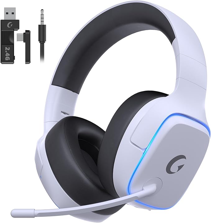 Read more about the article 2.4GHz Wireless Gaming Headsets for PS5, PS4, PC, Switch – Bluetooth 5.3 Gaming Headphones with Noise Canceling Mic, 7.1 Surround Sound, 70H Battery, Blue Lighting – White